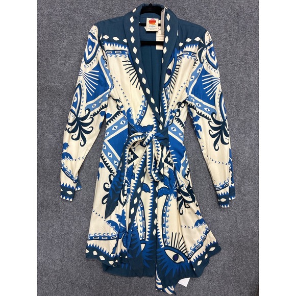 FARM Rio Dresses & Skirts - Farm Rio for Anthropologie Blue Graphic Print Wrap Mini Dress NWT Size L